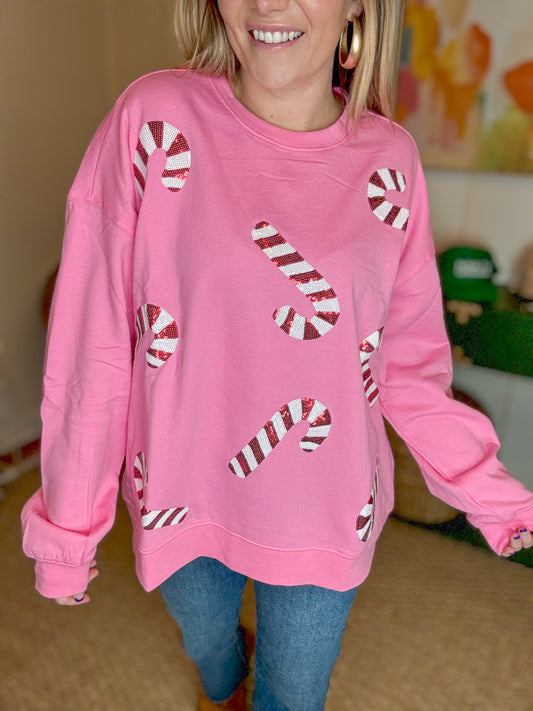 Ladies Candy Cane Sequin Crew Neck