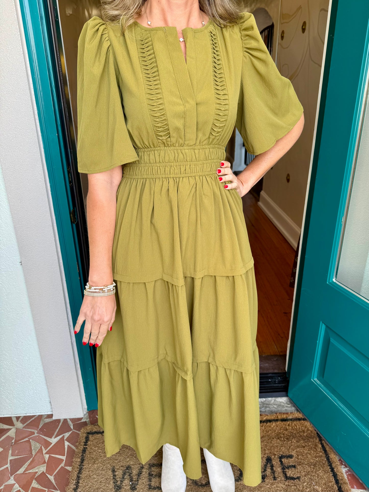 Olive Short Sleeve Tiered Maxi Dress