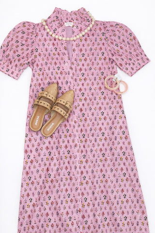 Pink Floral Print High Ruffled Neck Button Down Dress