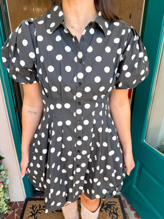 Pleat Detail Polka Dot Balloon Dress