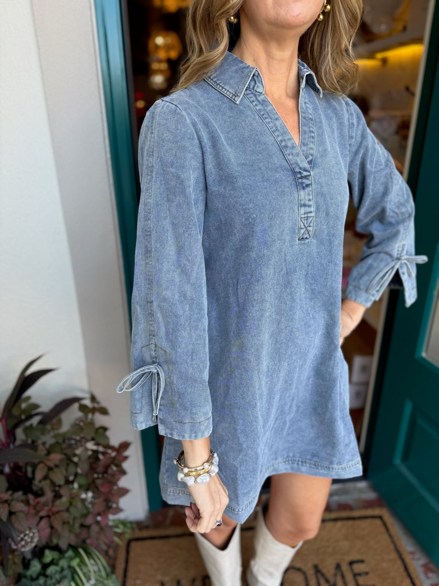 Denim V Neck Tie Sleeve Detail Dress