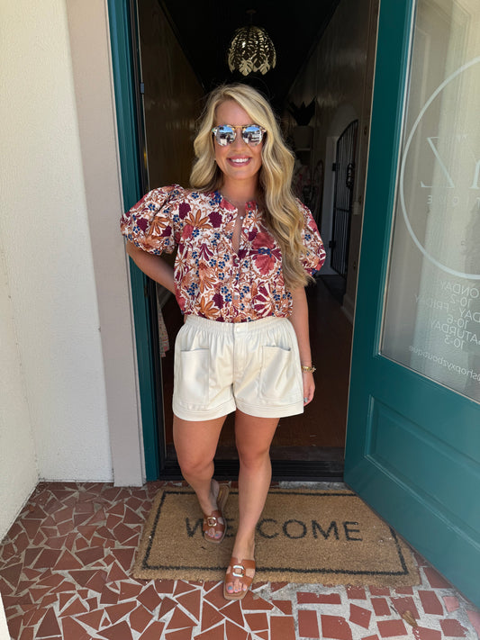 Cream Faux Leather Shorts