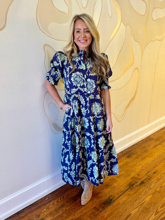 Navy and Green Printed Maxi Dress