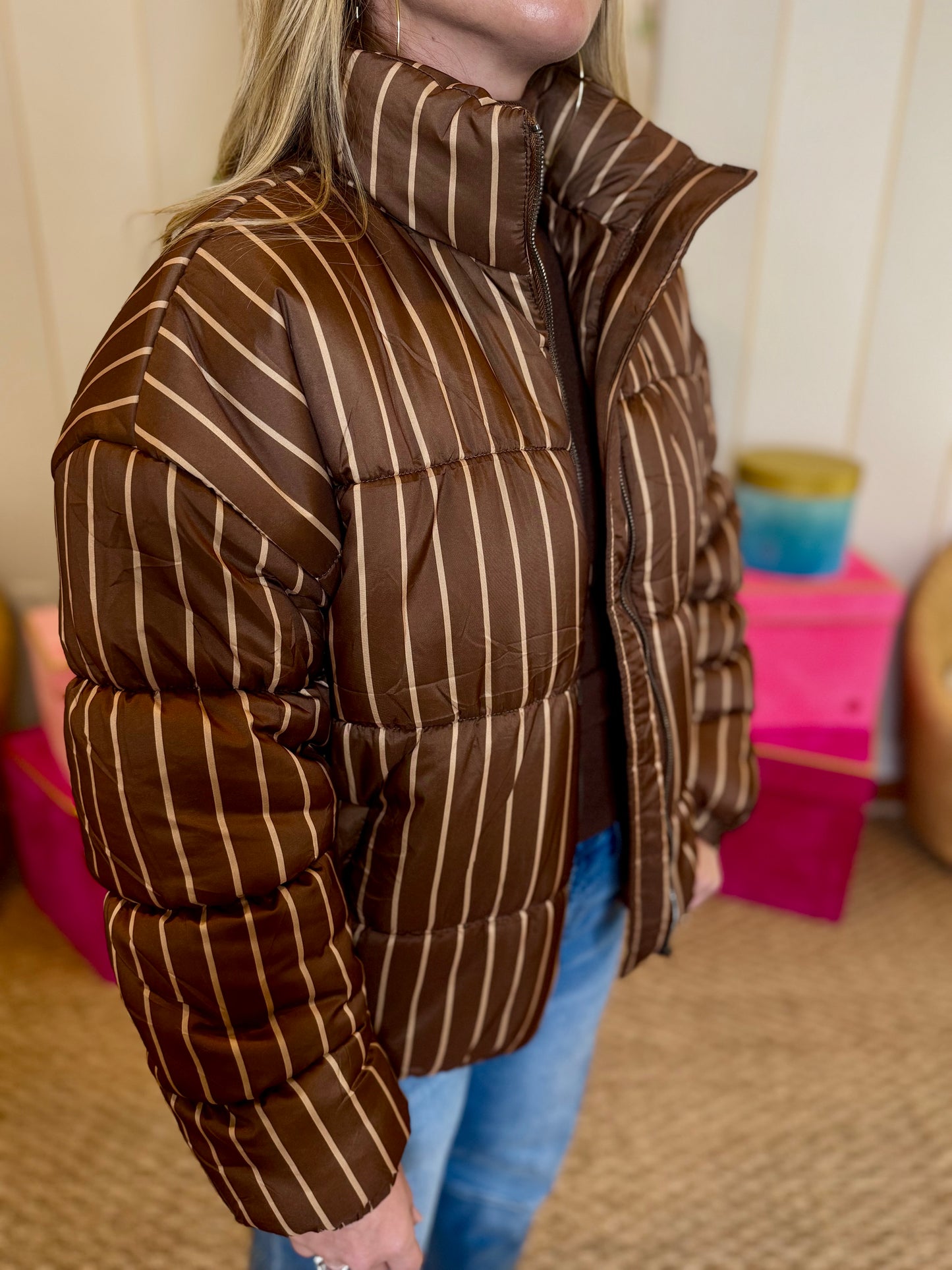 Striped High Neck Puffer Jacket