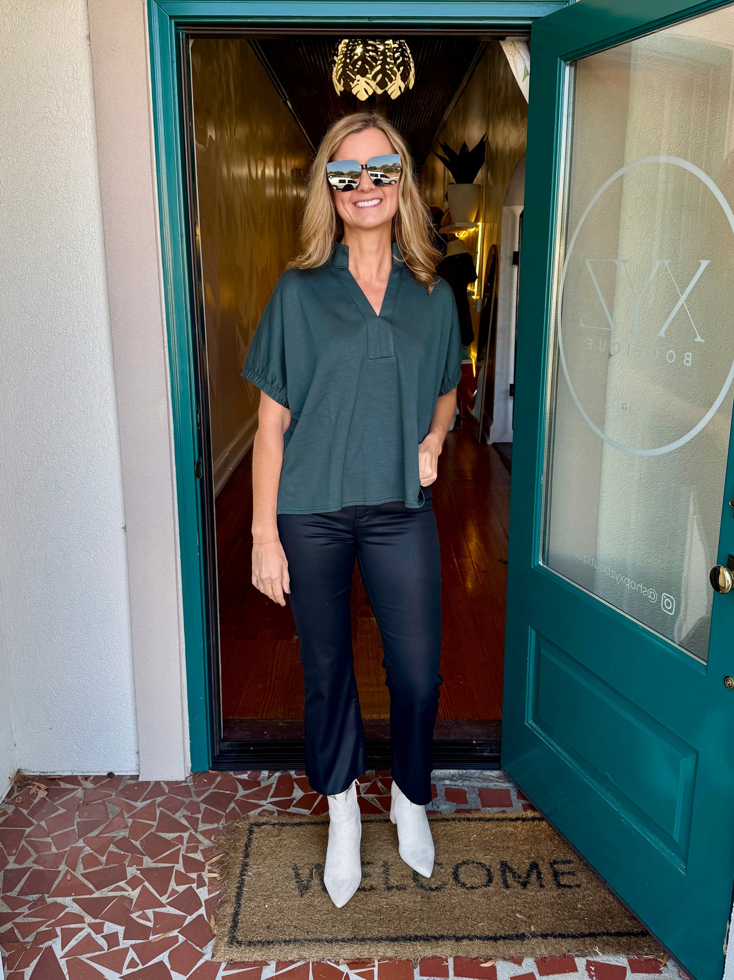 Forest Green Short V-neck Collar Band Top