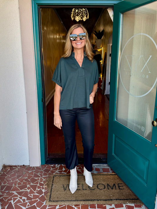 Forest Green Short V-neck Collar Band Top