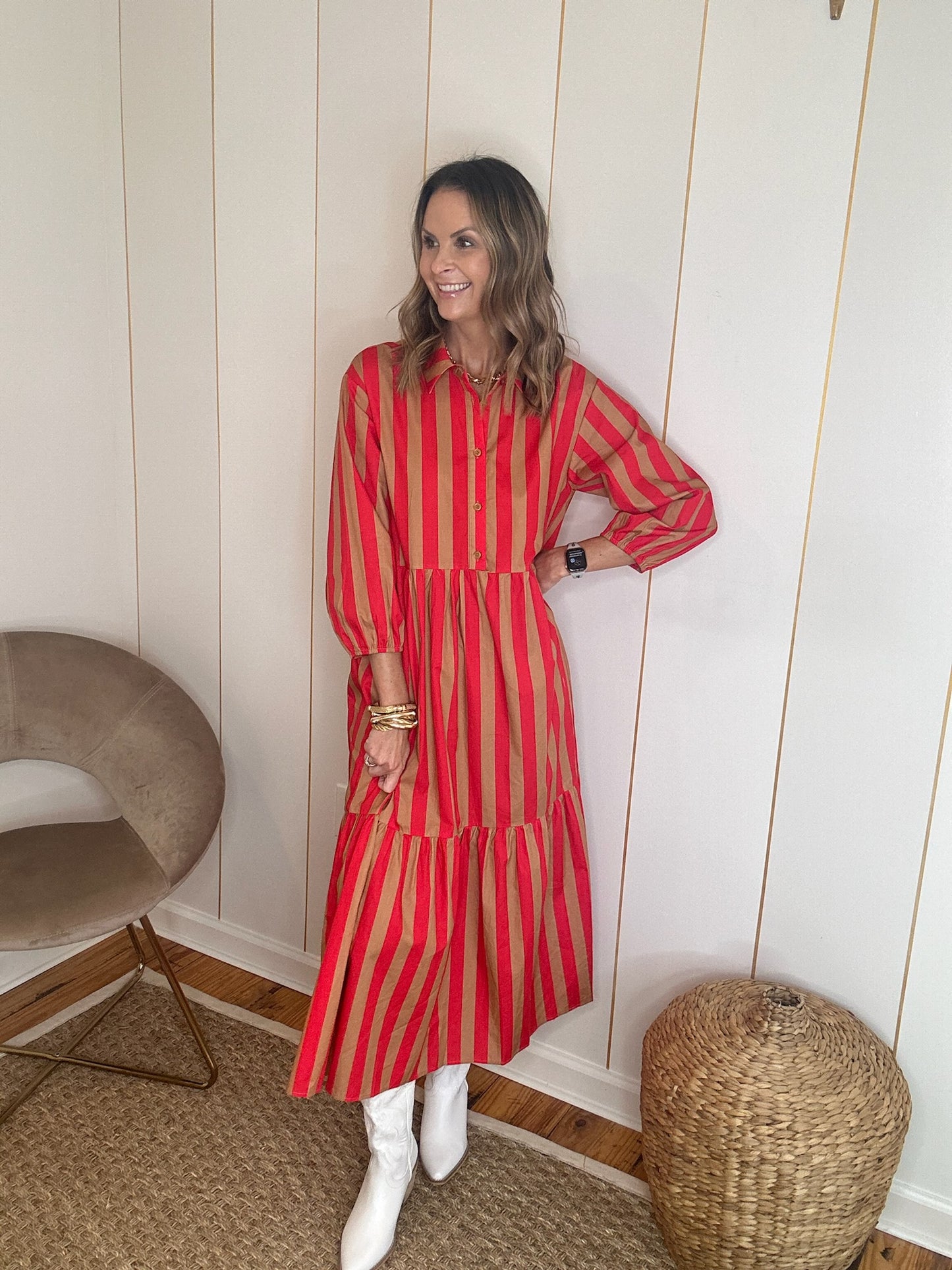 Red Striped Print Tiered Midi Shirt Dress