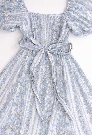 Blue Floral Print Puff Sleeve Midi Dress