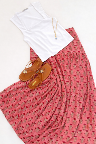Block Printed Tiered Cotton Skirt-Coral
