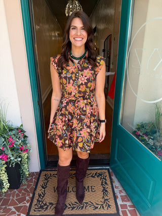 Brown Floral Tie Waist Dress