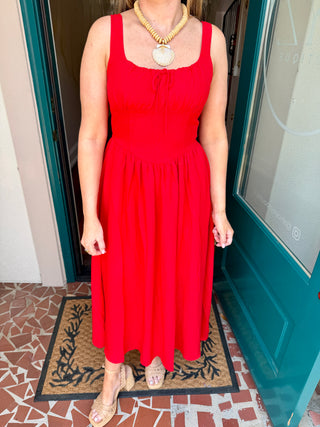 Square Neck Front Tie Corset Detail Midi Dress