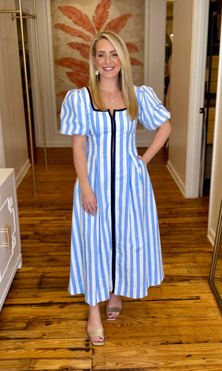 Striped Contrast Piping Detail Square Neck Dress