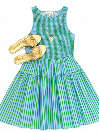 Blue and Green Smocked Bodice Dress