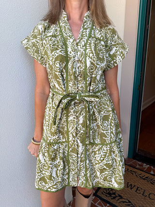 Olive Printed Short Sleeve Dress