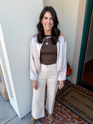 Satin Bubble Hem Zip Up Jacket