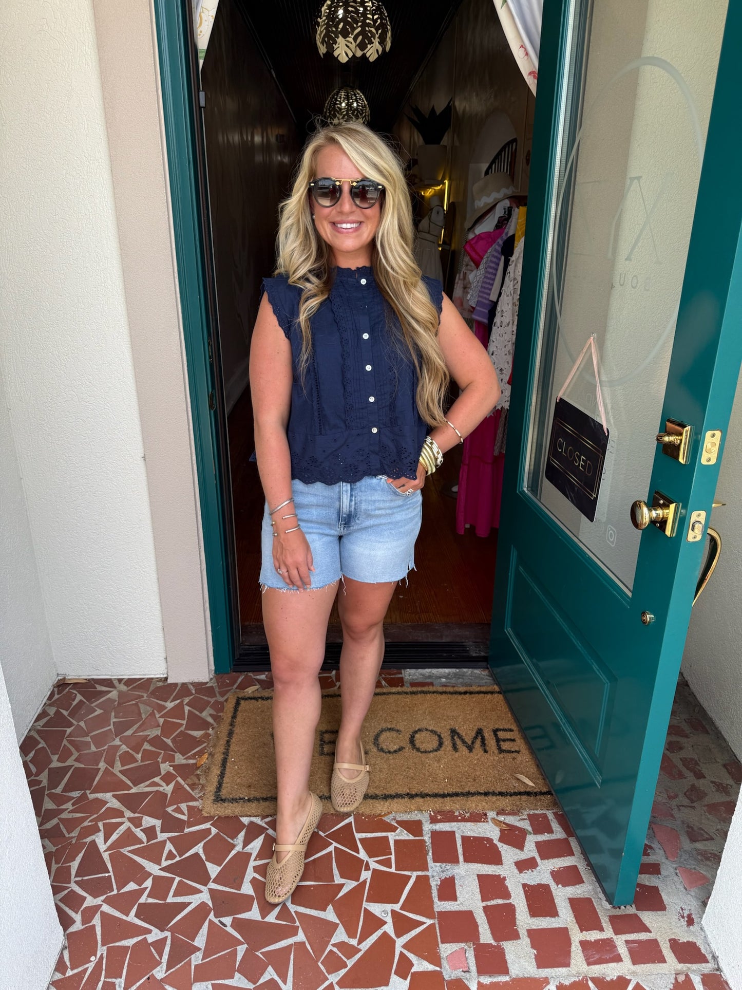 Navy Eyelet Lace Trim Top