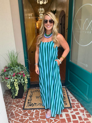 Blue & Green Striped Maxi Dress