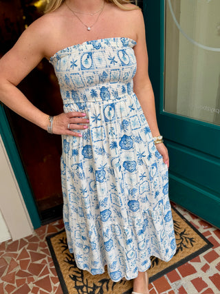 Plant Motif Smocked Strapless Midi Dress