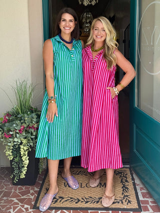 Striped Stand Collar Midi Dress