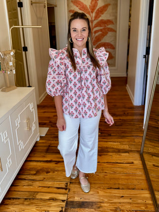 Puff Half Sleeve Woven Floral Contrast Piping Top