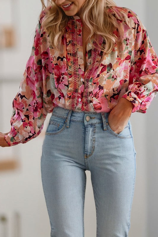 Fall Floral Stitch Detail Button Down Top