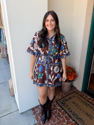 Brown & Blue Floral Print Dress