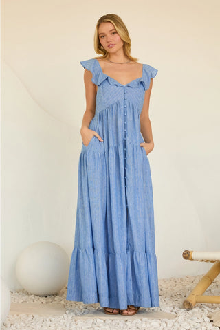 Blue Ruffle Sleeve Maxi Dress