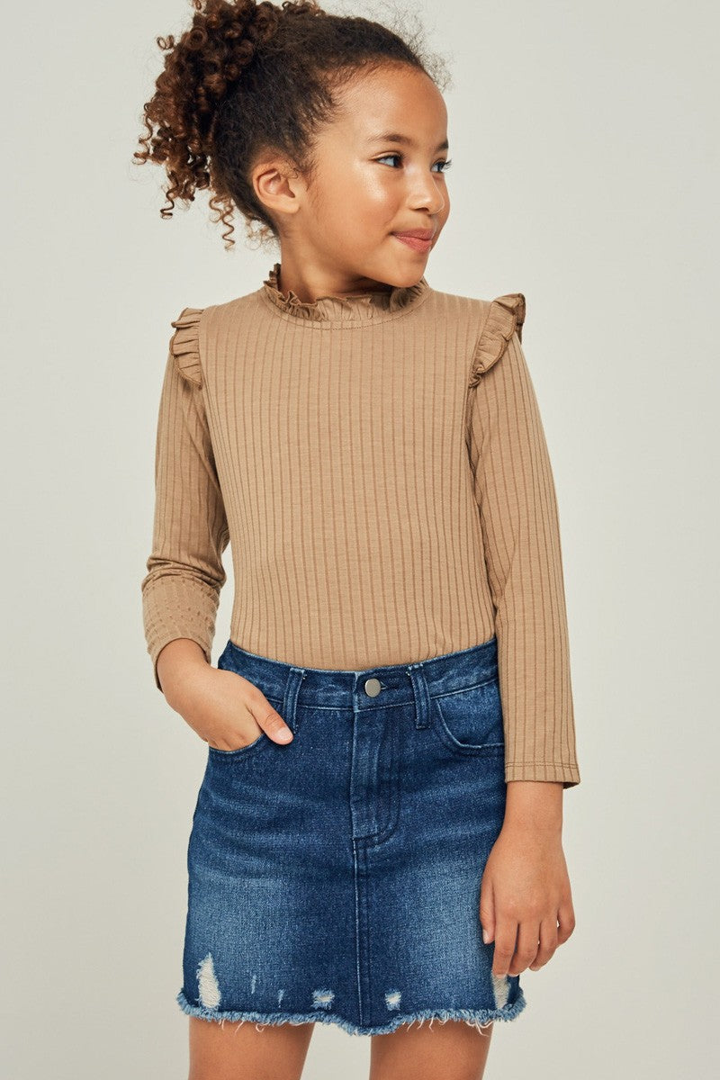 Girls Brown Ribbed Ruffle Mock Neck Top