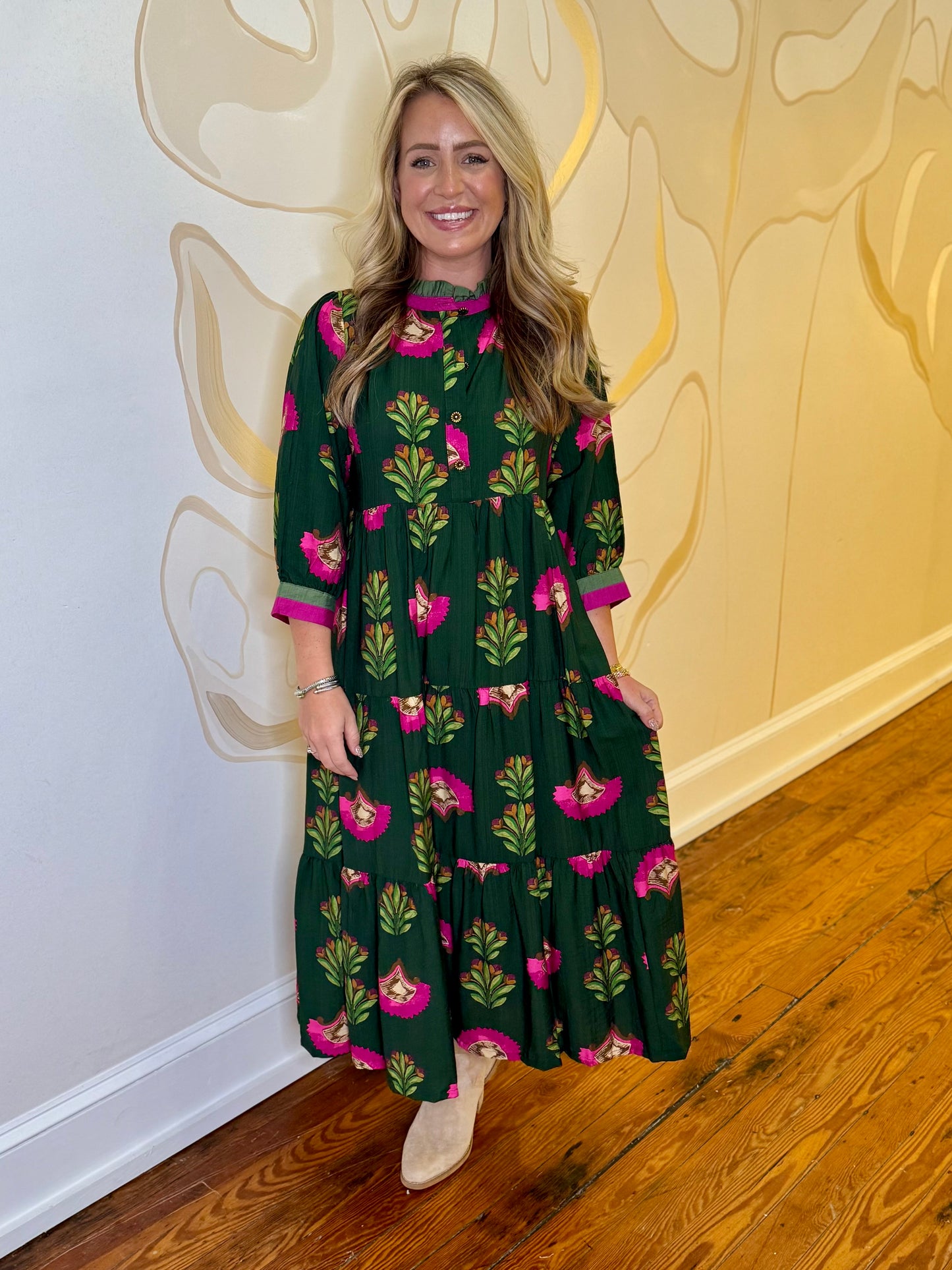 Forest Green Floral Print Tiered Midi Dress