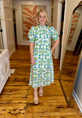 Blue and Green Floral Print Maxi Dress