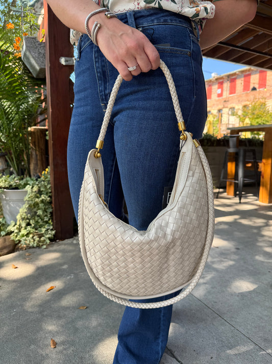 Beige Woven Hobo Handbag