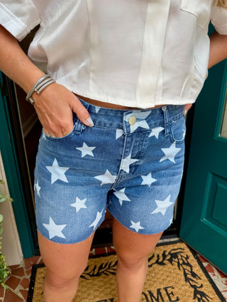 Star Print High Rise Denim Short