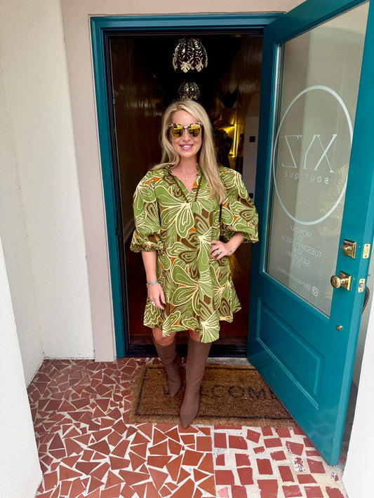 Green Puff Sleeve Scallop Trim Dress