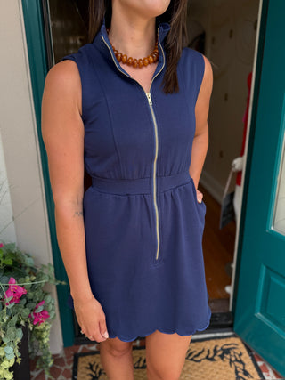 Scallop Stand Collar Zipper Front Dress