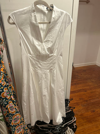 White Poplin V Neck Midi Dress