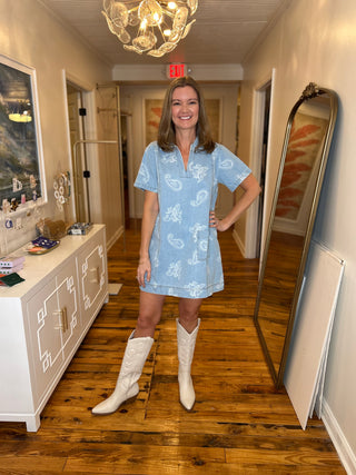 Denim Paisley Print Short Sleeve Dress