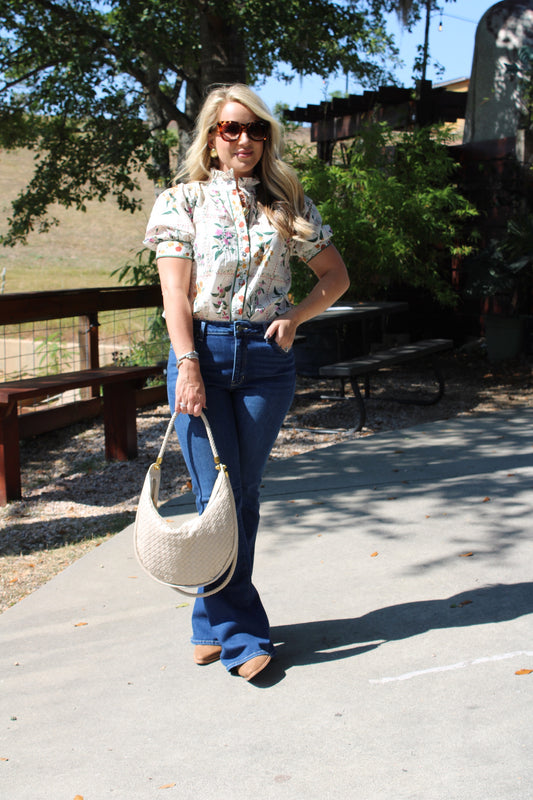 Floral Print Ruffle Neck Band Collar Top