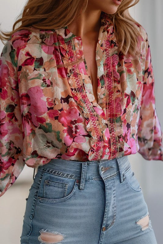 Fall Floral Stitch Detail Button Down Top