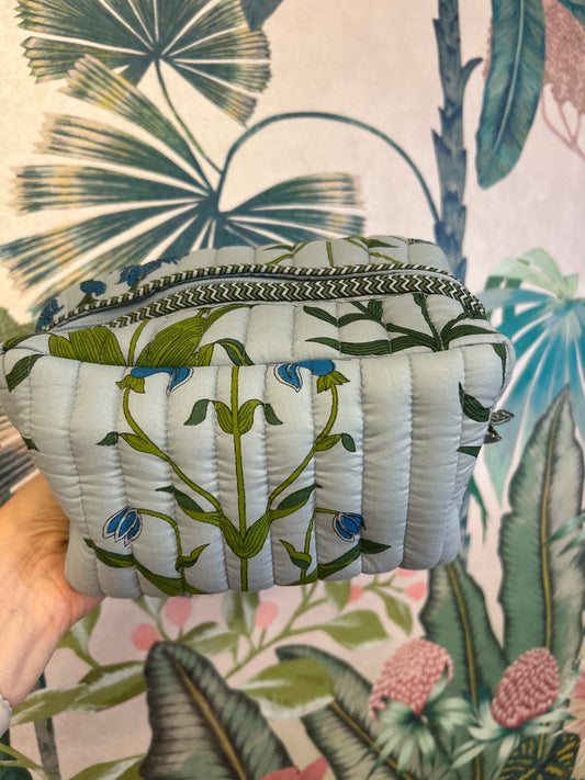 Medium Blue Floral Quilted Cosmetic Bag
