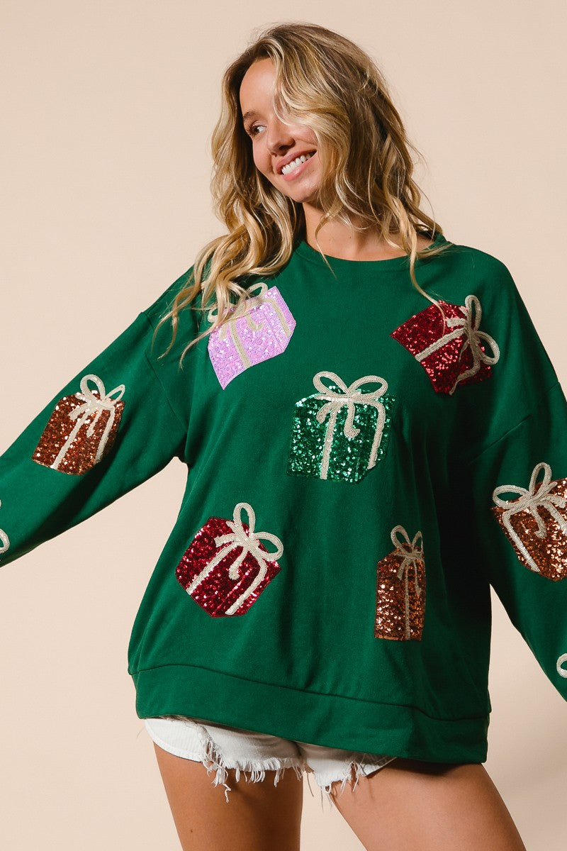 Sequin Christmas Gift Box Fleece Pullover