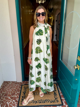 Leaf Print Halter Maxi Dress
