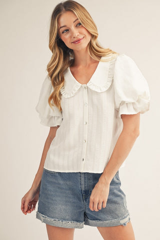 White Ruffled Peter Pan Collar Stripe Top