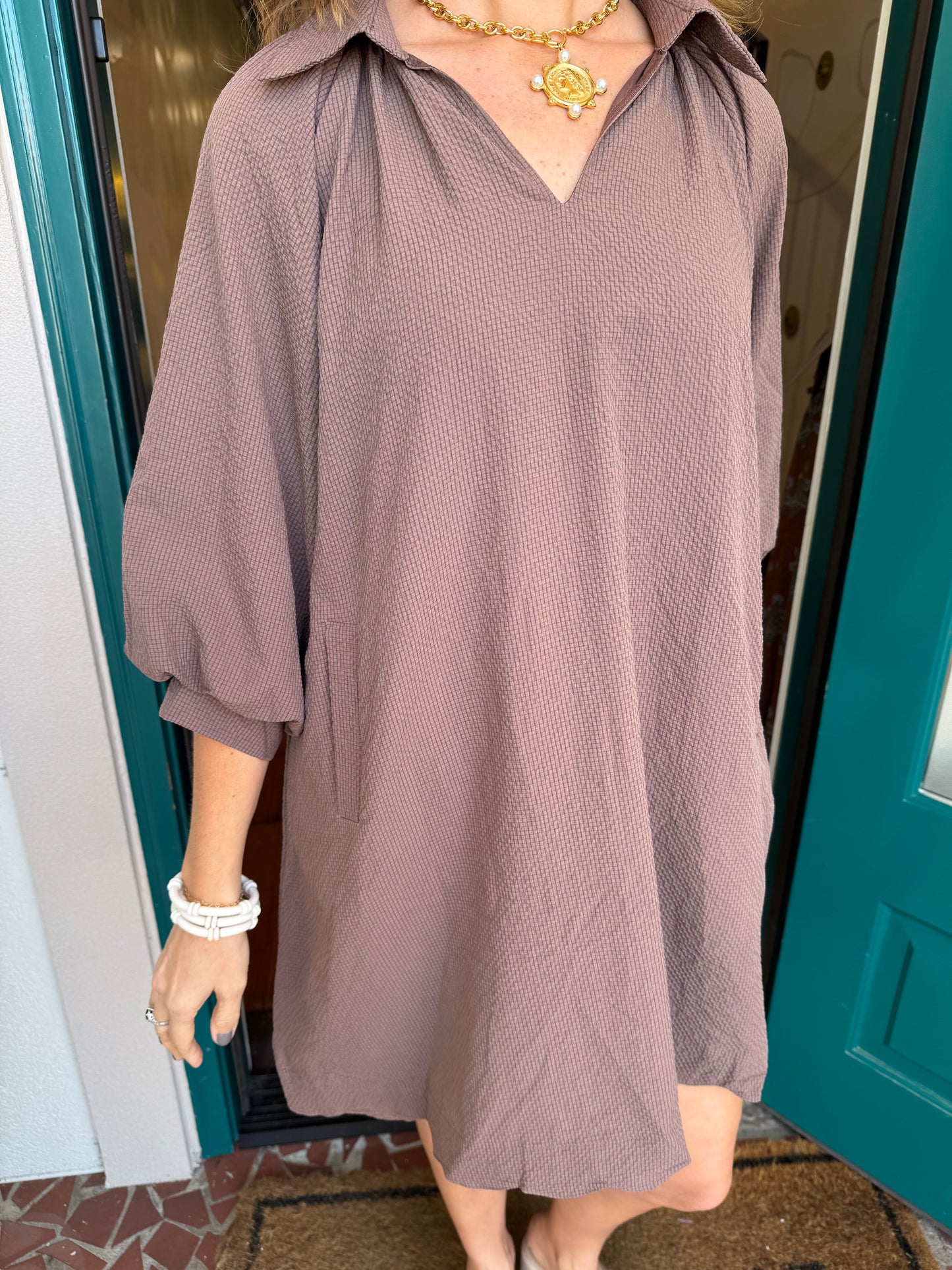 Split V-Neck Dress with Puff Sleeves Scalloped Hem