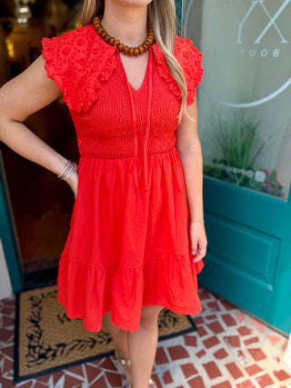 Smocked Bodice Eyelet Collar Dress