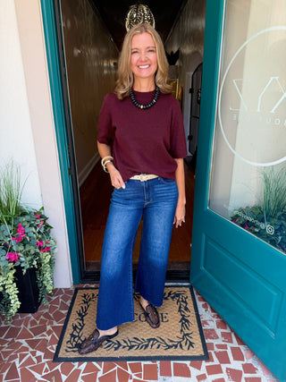 Burgundy Crewneck Short Sleeve Sweater