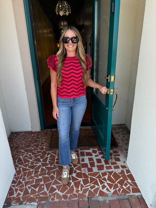 Wavy Stripes Flutter Sleeve Sweater Top