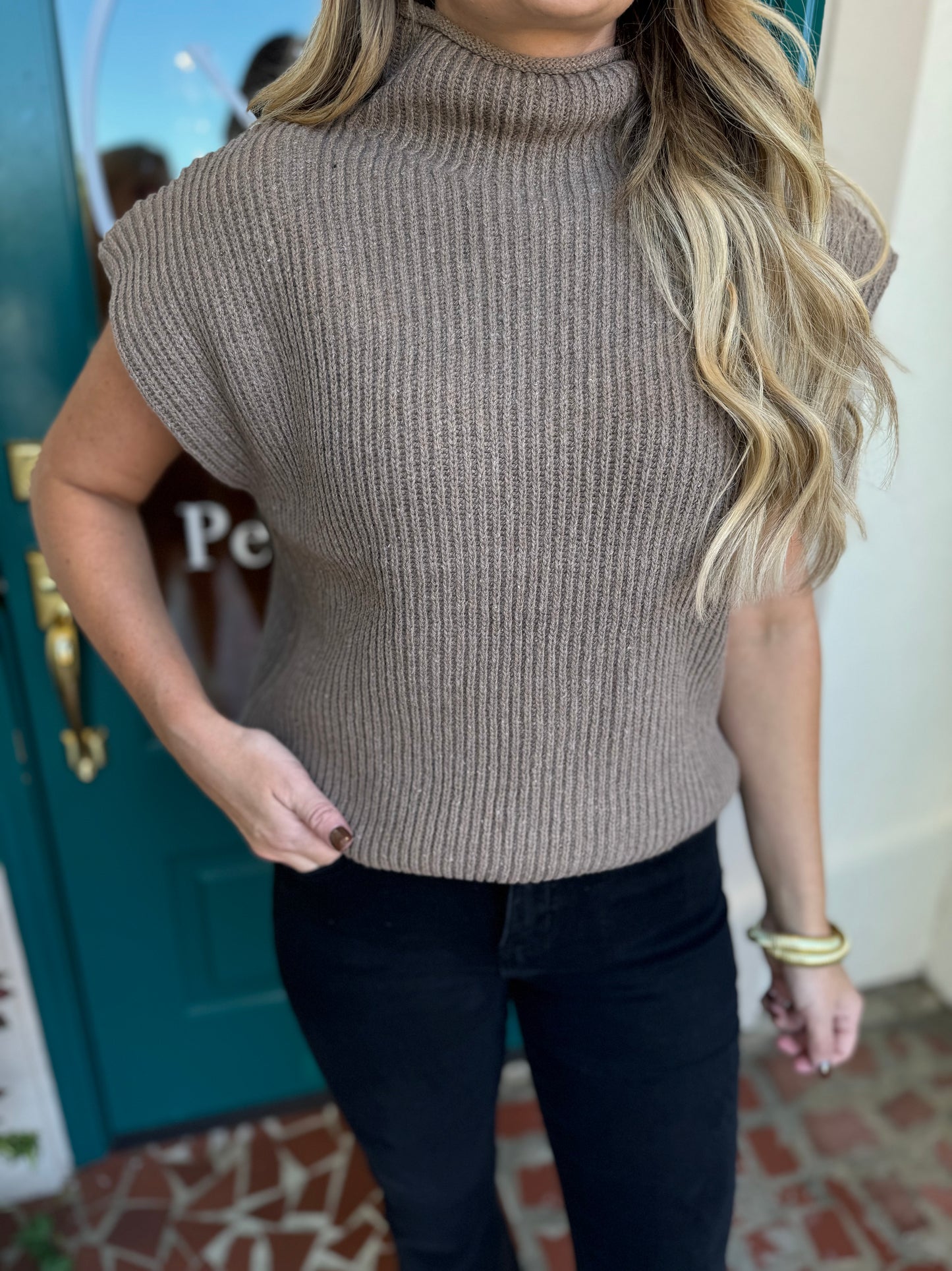 Mock Neck Cap Sleeve Sweater