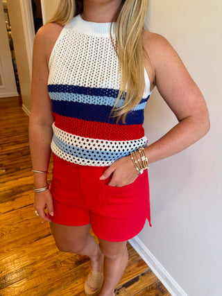 Red Patch Pocket High Waist Cotton Shorts