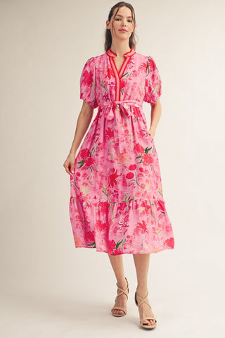 Pink Floral Waist Tie Floral Midi Dress
