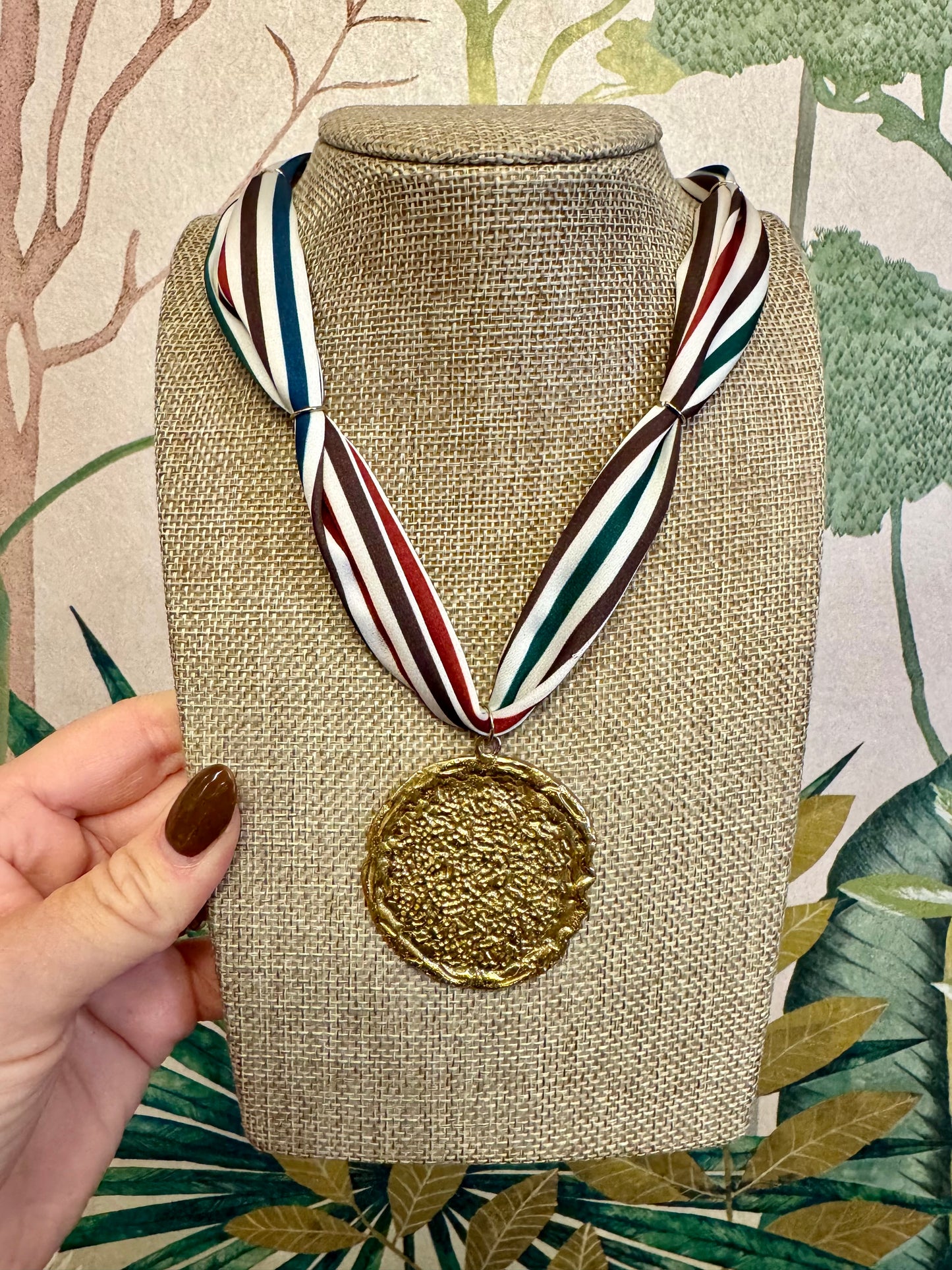 Striped Gold Pendant Scarf Necklace